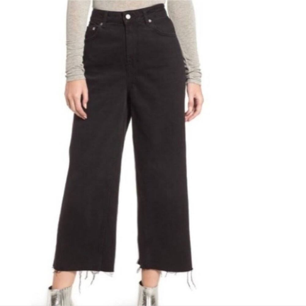 Topshop Moto denim Sz w34 L30 black raw hem wide leg relaxed jean high rise A10